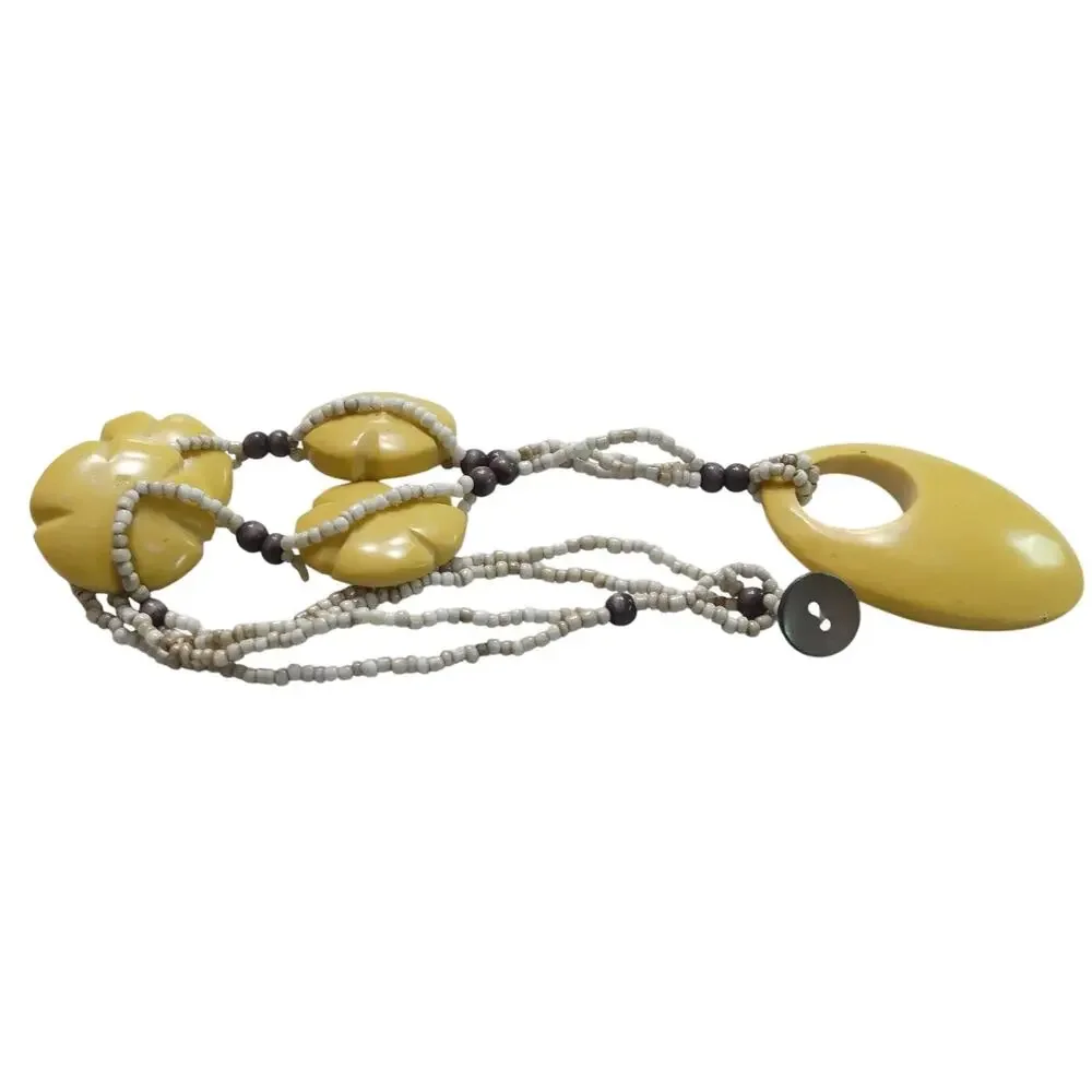 Vintage Chunky Yellow Bakelite & Seed Bead Geometric Boho Necklace